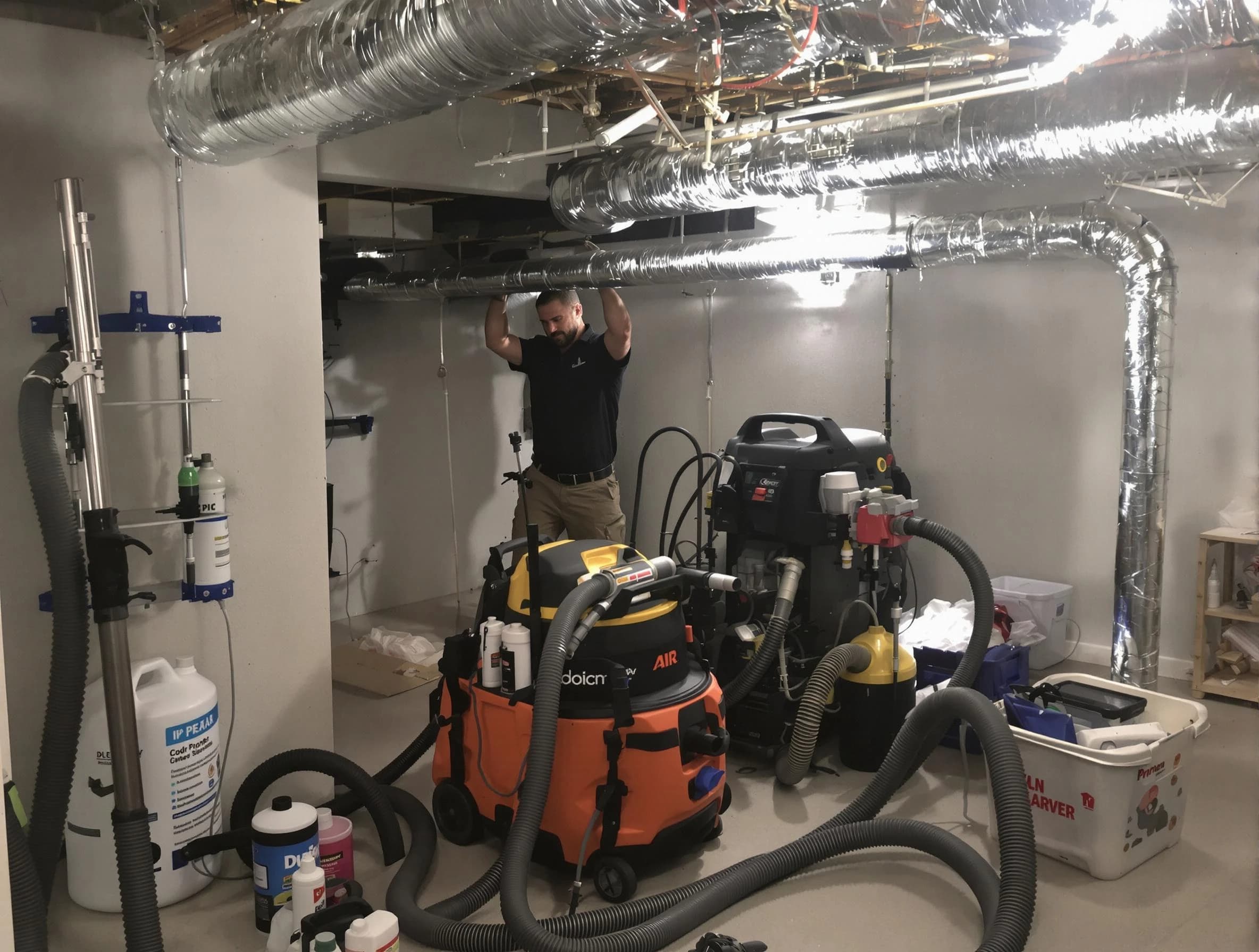Bennett Air Duct Cleaning specialist performing professional mold removal from air ducts using safety equipment in Bennett