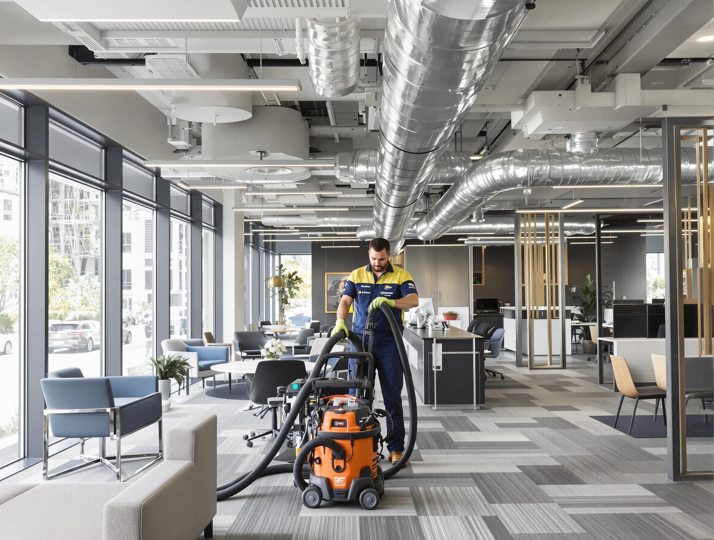 Bennett Air Duct Cleaning team performing thorough commercial duct cleaning at a Bennett business center